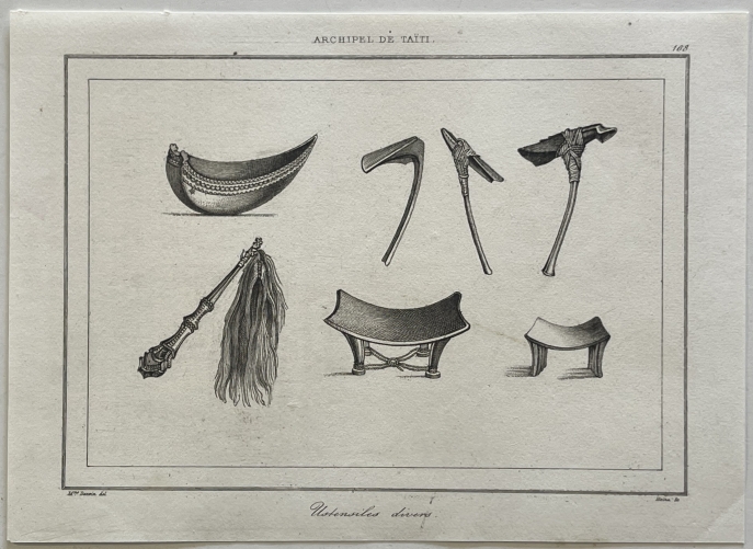 tahiti_polynesian_artifacts_antique_engraving_1836_ethnography_france_polynesie
