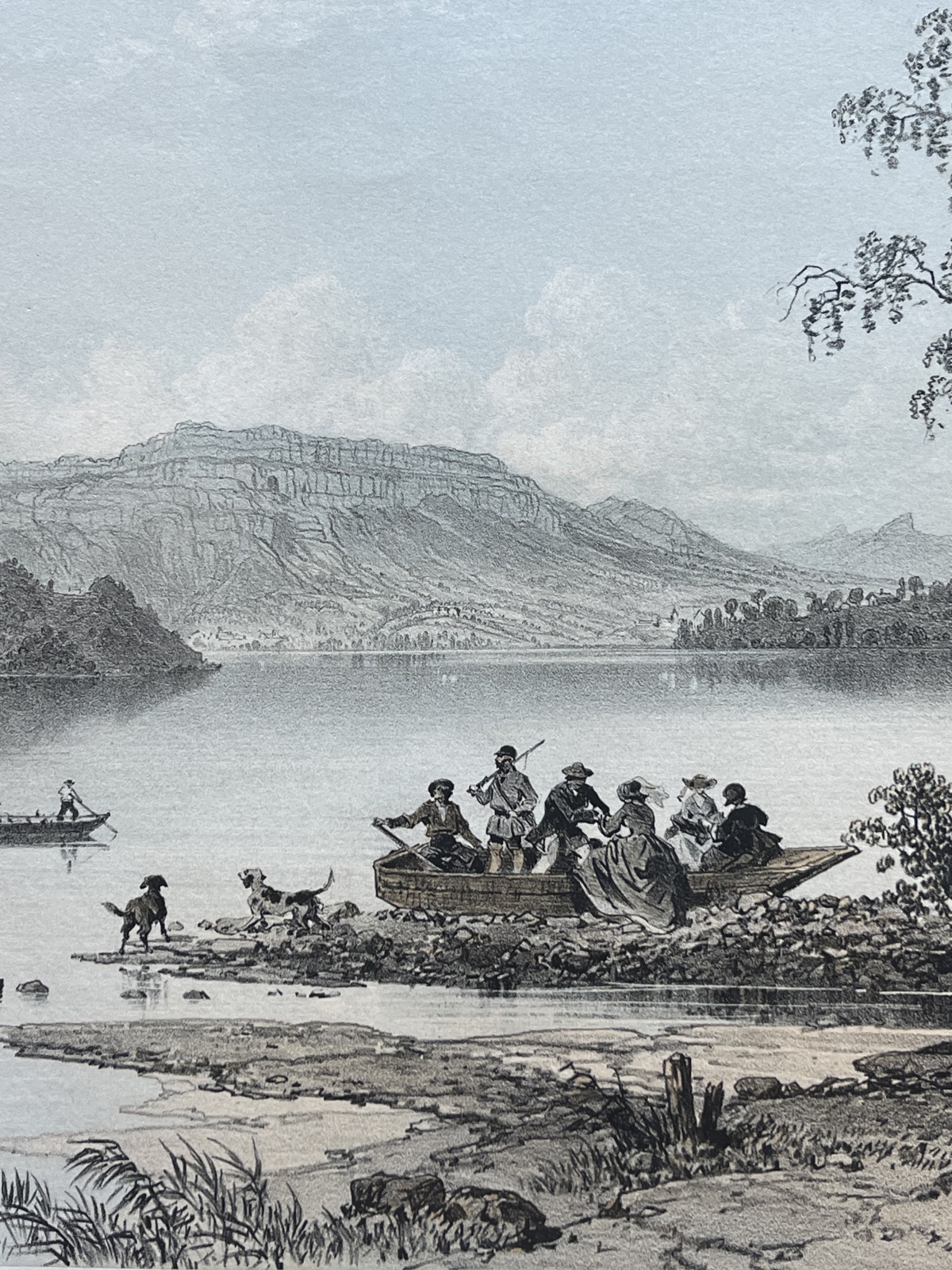 antique_engraving_lake_aiguebelette_france_alps_1864_benoist_scene_savoie