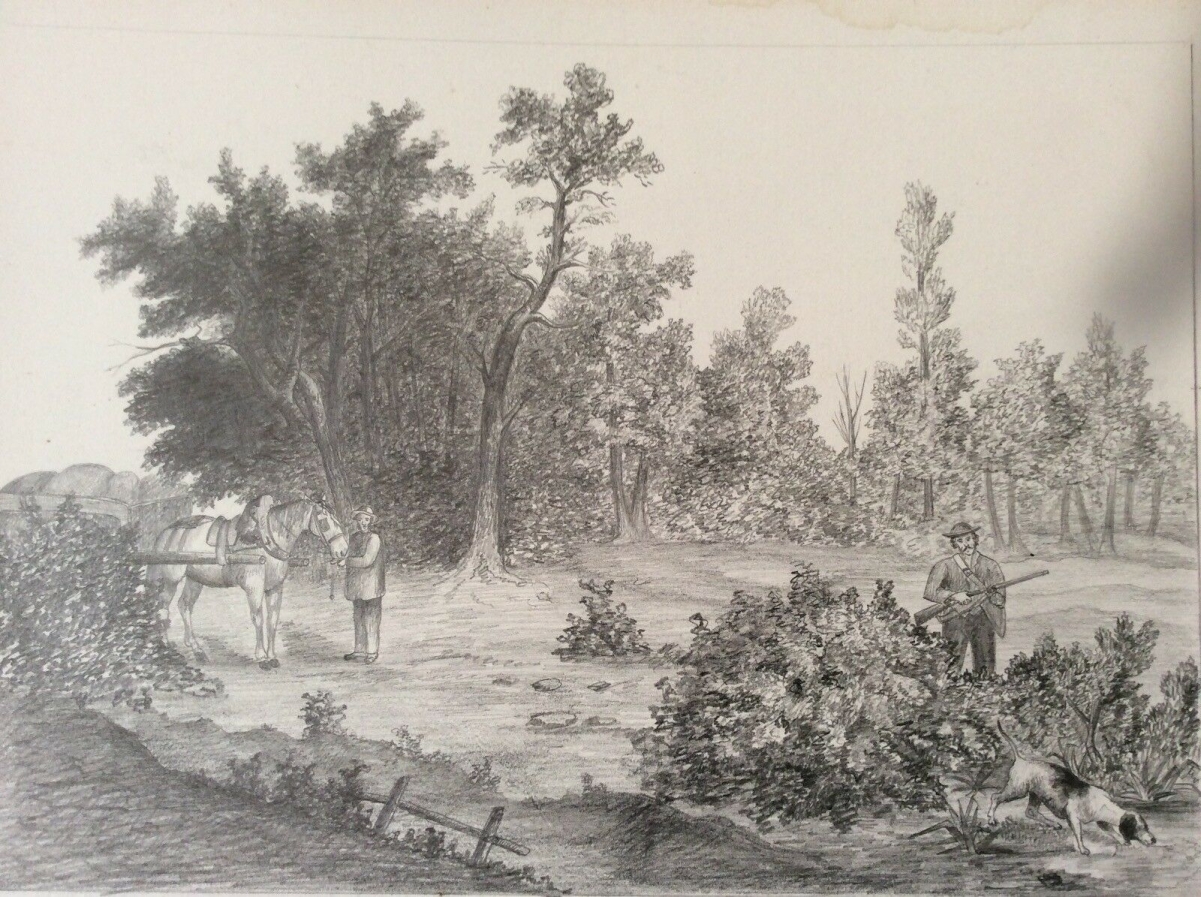 chasseur_et_paysan_normandie_dessin_circa_1870_anonyme_?_chien_cheval