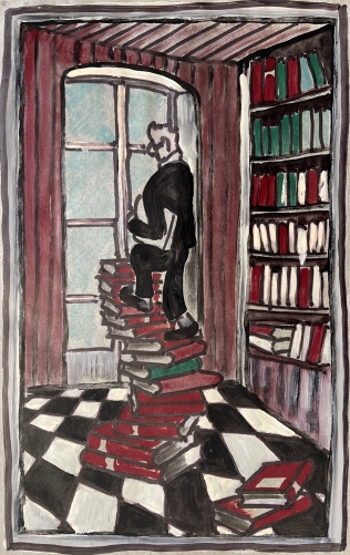 dans_la_bibliotheque_gouache_anonyme_1990_livre_expressionniste