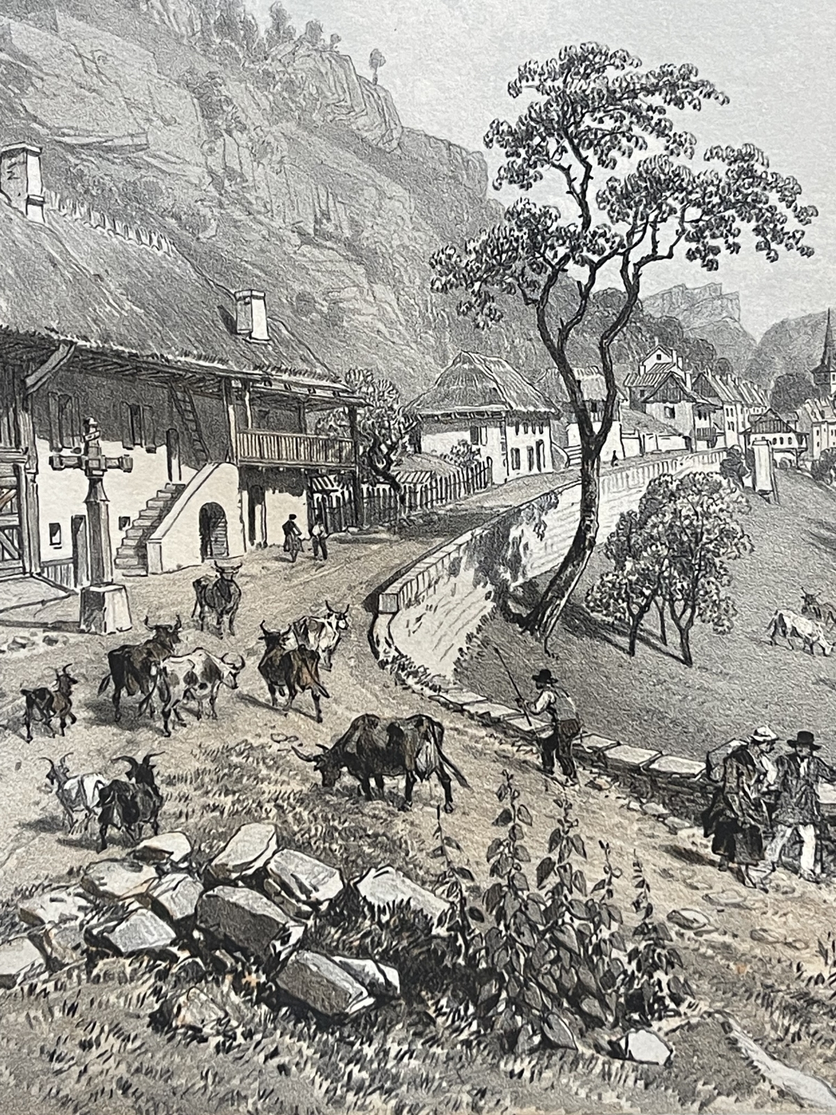le_chatelard_savoie_antique_lithograph_1864_felix_benoist_french_alps_village