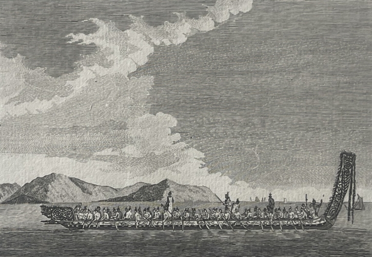 new_zealand_???_maori_war_canoe_and_carved_sternpost,_cook_voyages,_1817_print