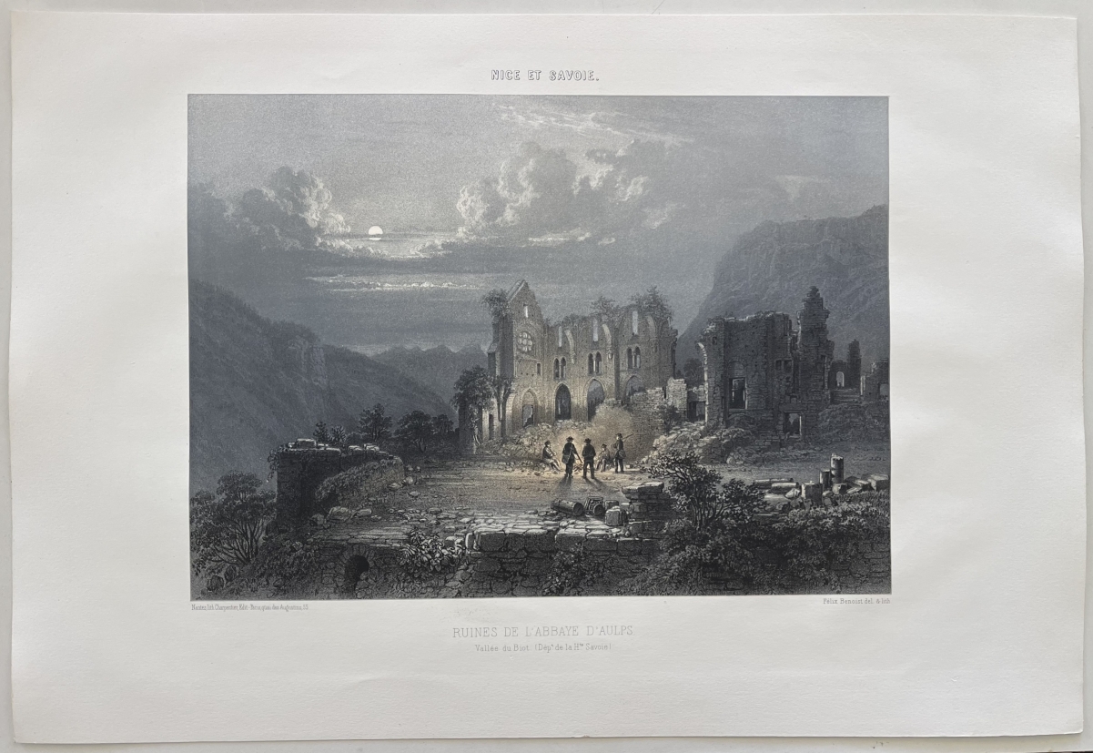 antique_1864_aulps_abbey_ruins_lithograph_haute_savoie_france_alpine