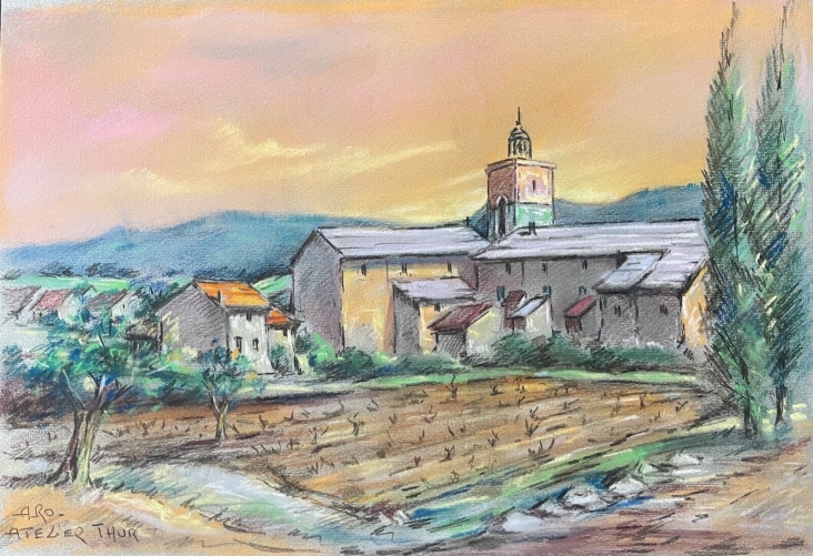 provence_eglise_de_village_pastel_signe_atelier_thur_vers_1980_france