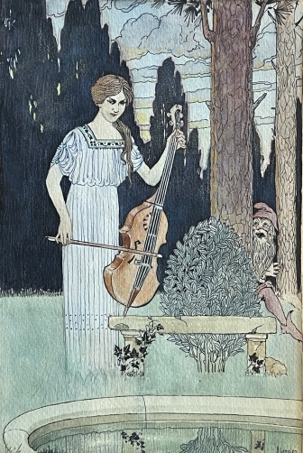 violocelle_double_basse_jeune_femme_et_lutin_art_nouveau_aquarelle_et_encre