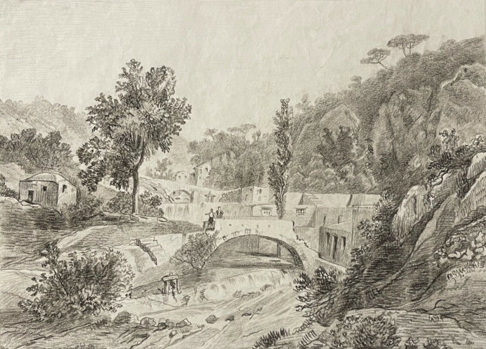 algerie_pont_entree_de_village_vers_1880_gravure_maniere_noire_