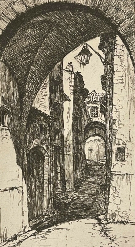 bourg-saint-andeol_une_rue_vers_1930_pointe_seche_de_maurice_robert_rhone_france