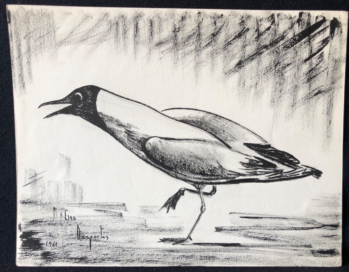 pie_bavarde_encre_signee_elsa_desportes_peintre_animalier_1961_oiseau