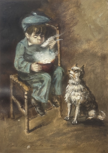 enfant_et_son_chien_a_la_soupe_bernard_lachevre_1885-1950_gouache_chien_france