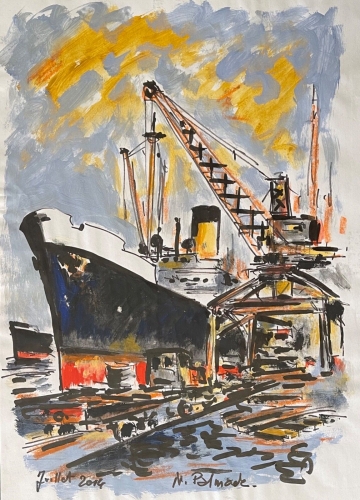 bateau_marchand_en_debarquement_gouache_de_norbert_palmade_2014_marine_marin