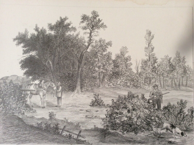 chasseur_et_paysan_normandie_dessin_circa_1870_anonyme_?_chien_cheval