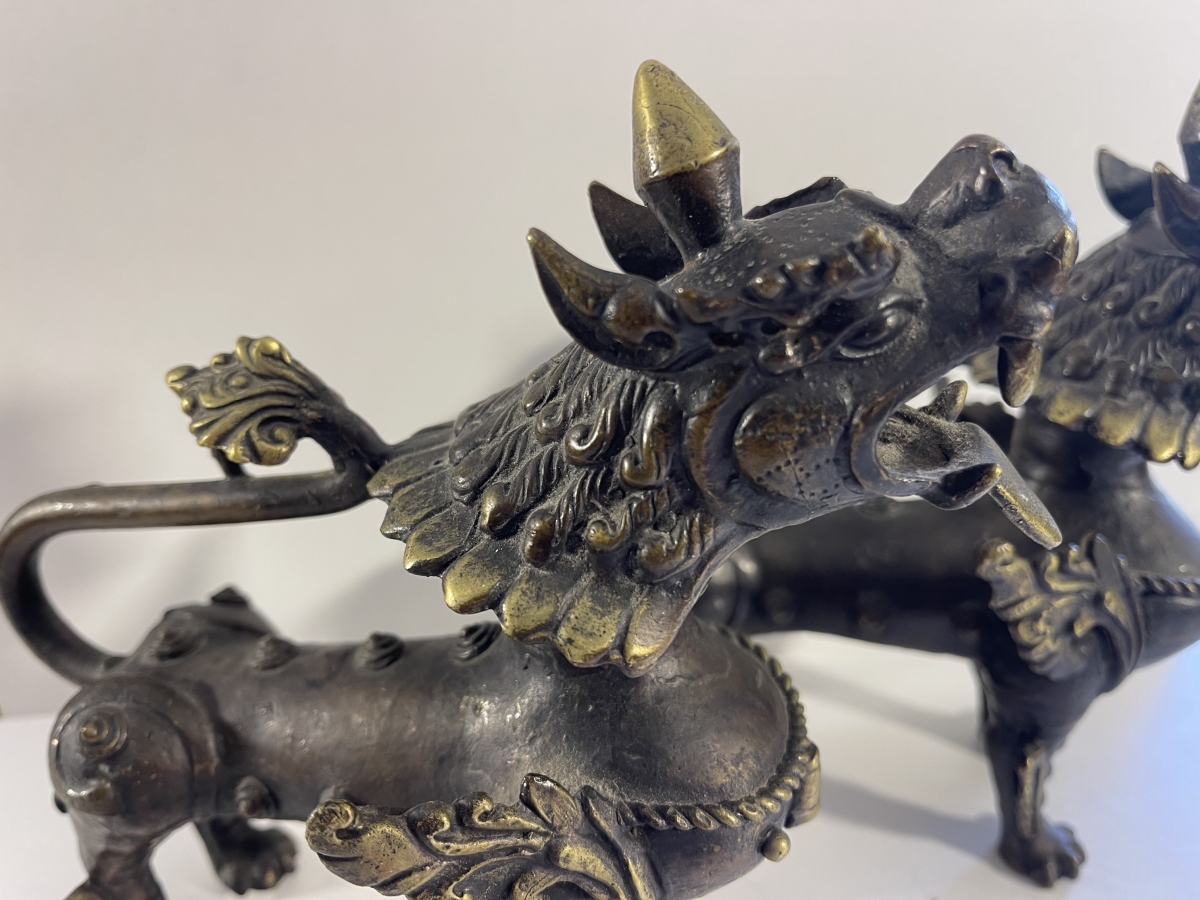 chine_pair_antique_chinese_bronze_mythical_guardian_beasts_male_female_19th