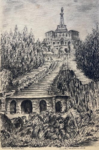 wilhelmshohe_cassel_allemagne_dessin_lavis_dencre_vers_1980