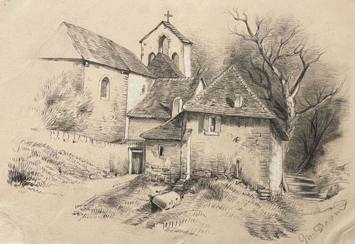 chapelle_romane_isere_vers_1860_fusain_signe_davin_ferdinand_vers_1860
