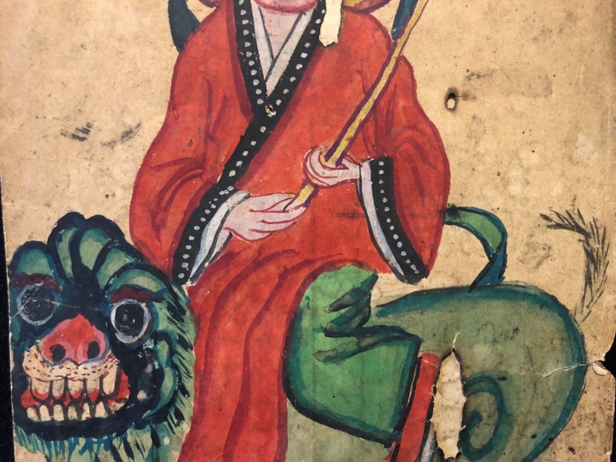 chine_bodhisattva_sur_lion_peinture_sur_papier_tres_ancien_asie