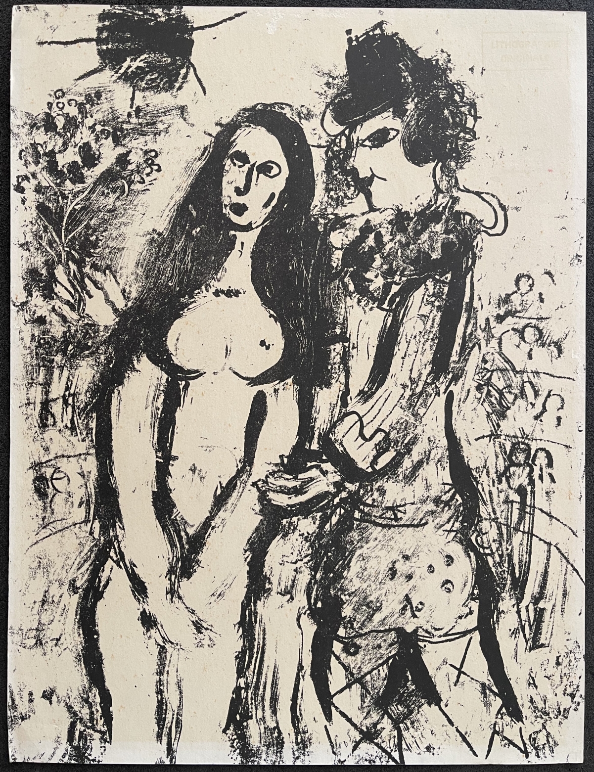 marc_chagall_lithographie_originale_monochrome_1963_le_clown_amoureux_superbe
