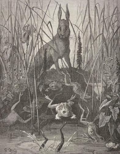 le_lievre_et_les_grenouilles_gustave_dore_xylographie_fable_de_la_fontaine_1868