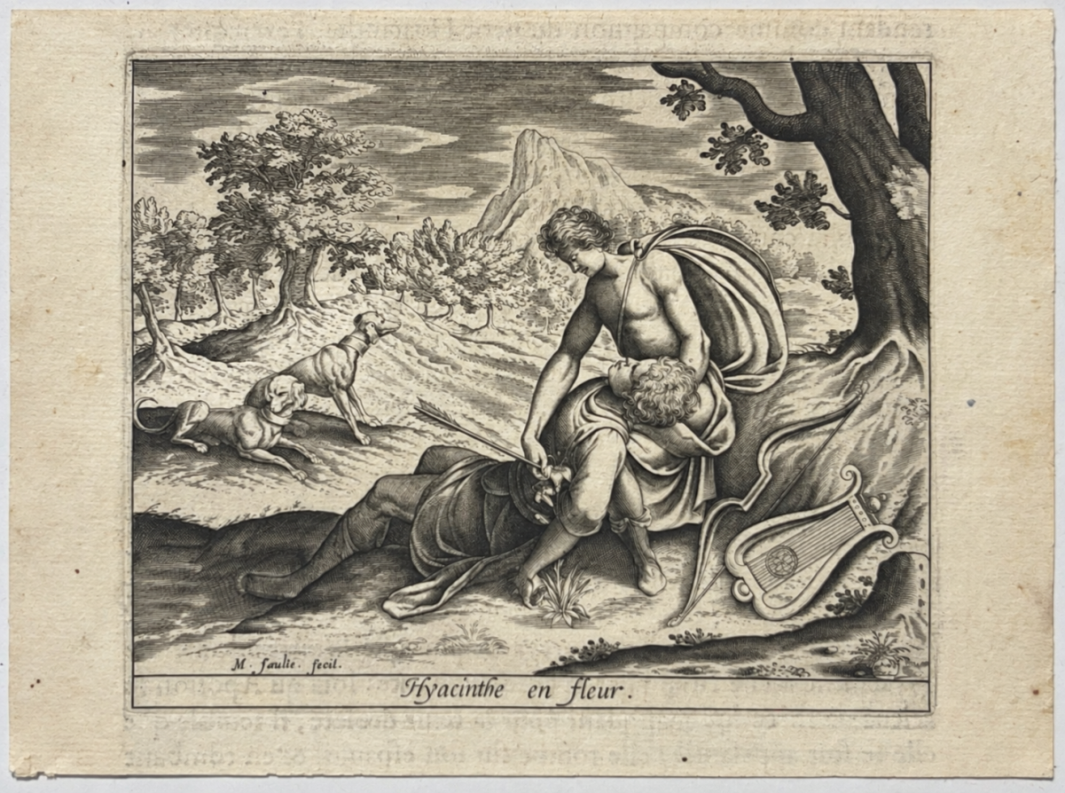 apollo_mourning_hyacinthus_1619_antique_print_from_ovid_metamorphoses