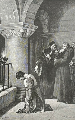 jeanne_darc_allant_au_tribunal_rouen_guerre_de_cent_ans_gravure_1887