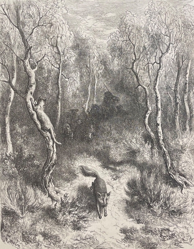 le_chat_et_le_renard_dapres_gustave_dore_fable_de_la_fontaine_1868_grave_rouge