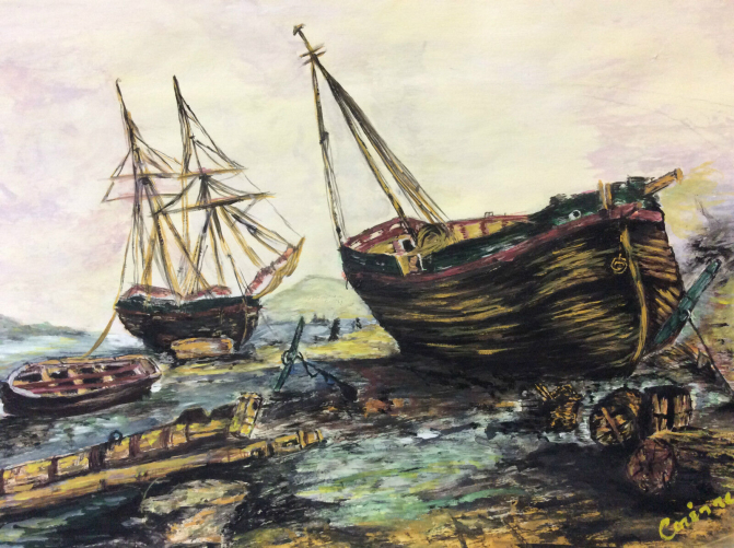 gouache_signee_corinne__paysage_marin,_bateaux__marine_