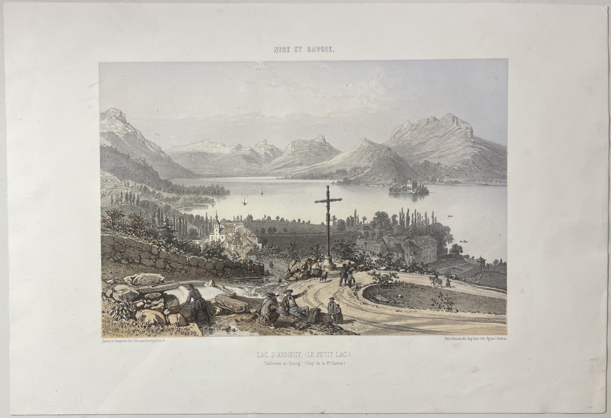 lake_annecy_talloires_duingt_france_1864_antique_lithograph_felix_benoist_alps