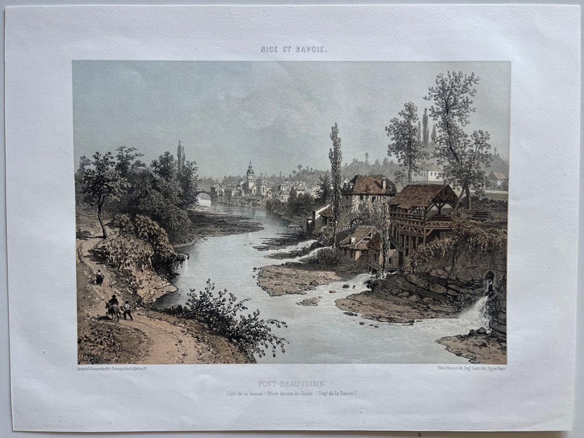 antique_engraving_pont_beauvoisin_france_alps_1864_benoist_river_savoie