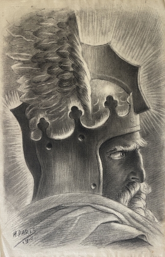 tete_de_roi_guerrier_par_h_paris_fusain_1910_france