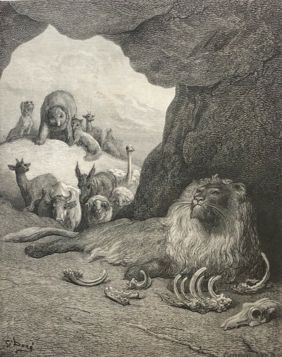 gustave_dore_le_lion_malade_et_le_renard_la_fontaine_1868