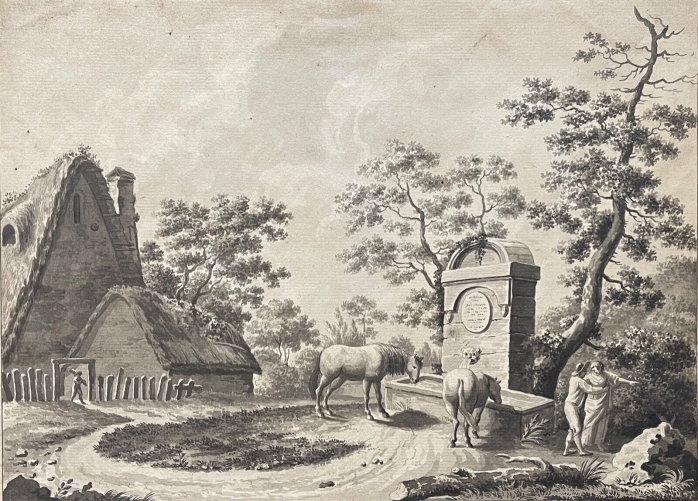 ecole_hollandaise_xviii_lavis_dencre_l???abreuvoir_anonyme_cheval_chevaux