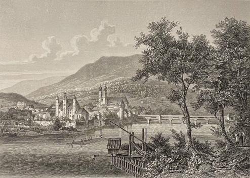 mannheim_pont_a_chaines_gravure_de_1860_bade-wurtemberg_allemagne