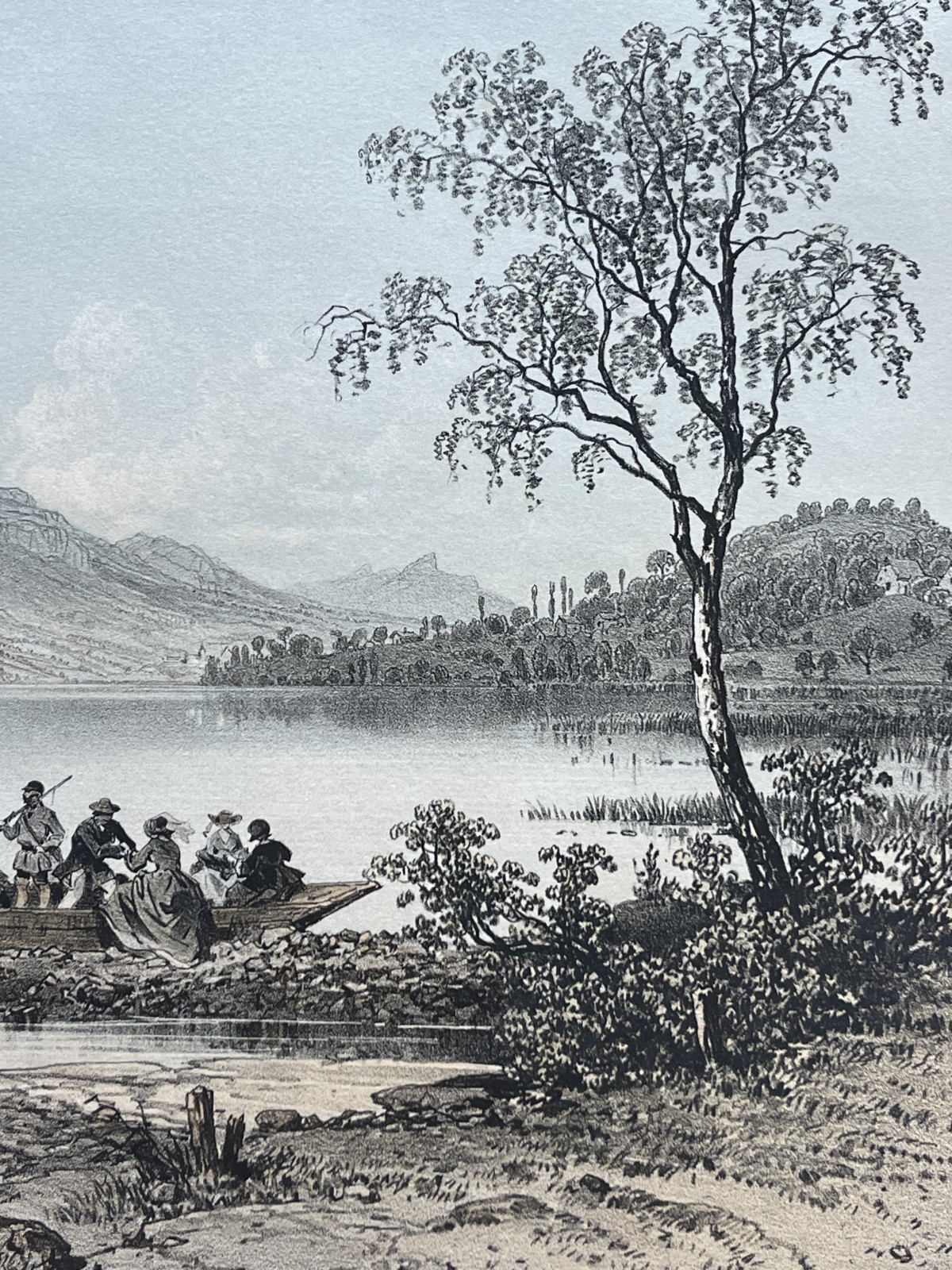 antique_engraving_lake_aiguebelette_france_alps_1864_benoist_scene_savoie