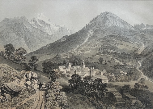 antique_french_lithograph_bozel_savoie_alpine_village_landscape_1864_alpes