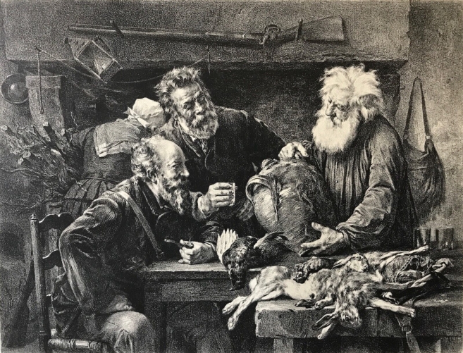 retour_de_chasse_teyssier_lithographie_sirouy_c1890_chasseur_gibier