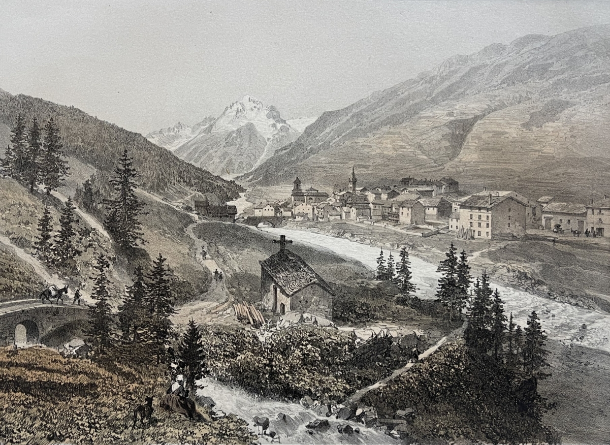 lanslebourg_savoie_antique_lithograph_1864_felix_benoist_french_alps_village