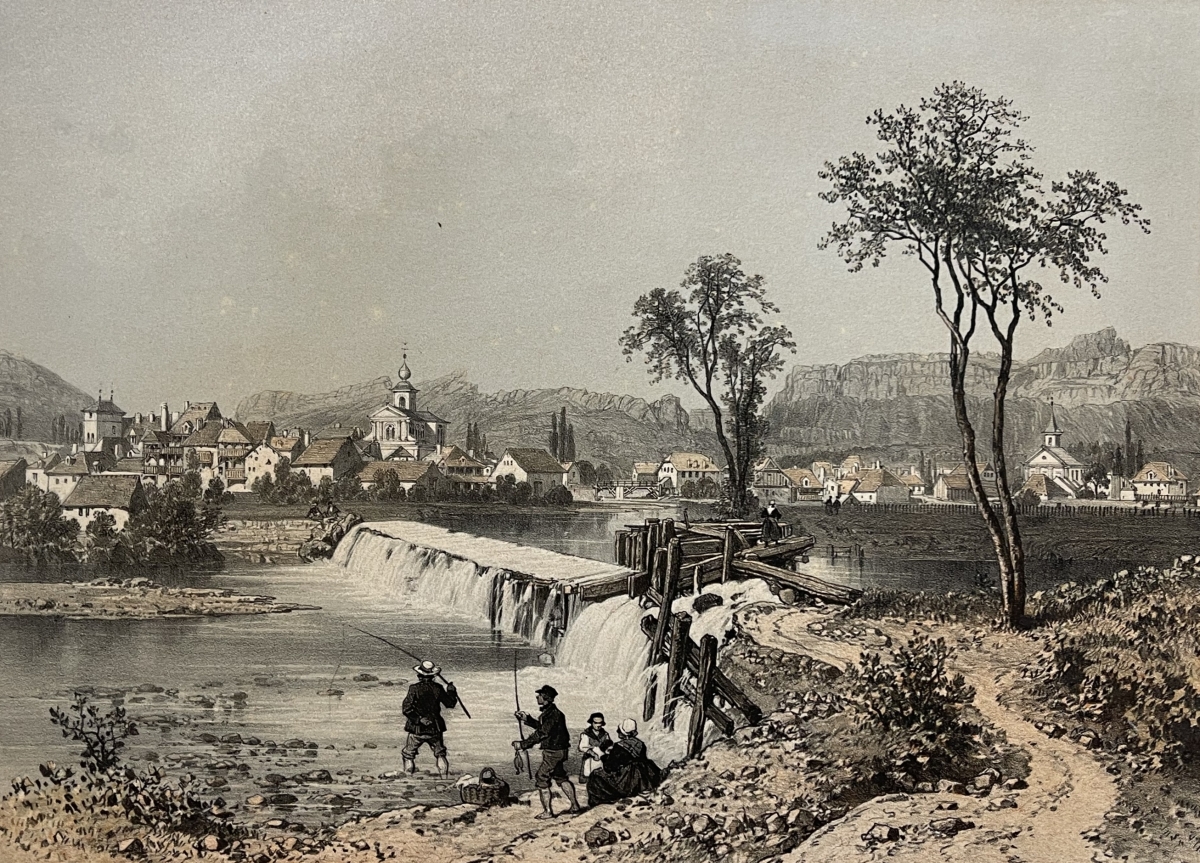 antique_engraving_les_echelles_france_alps_1864_benoist_village_scene_savoie