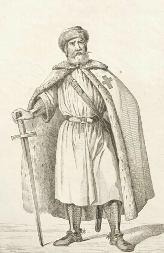 russie_chevalier_porte_glaive_gravure_1838_uniforme_coiffe_cape_hermine_eperon