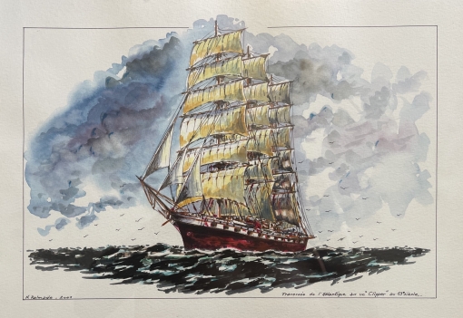 clipper_trois_mats_dans_latlantique_aquarelle_2001_marine_marin