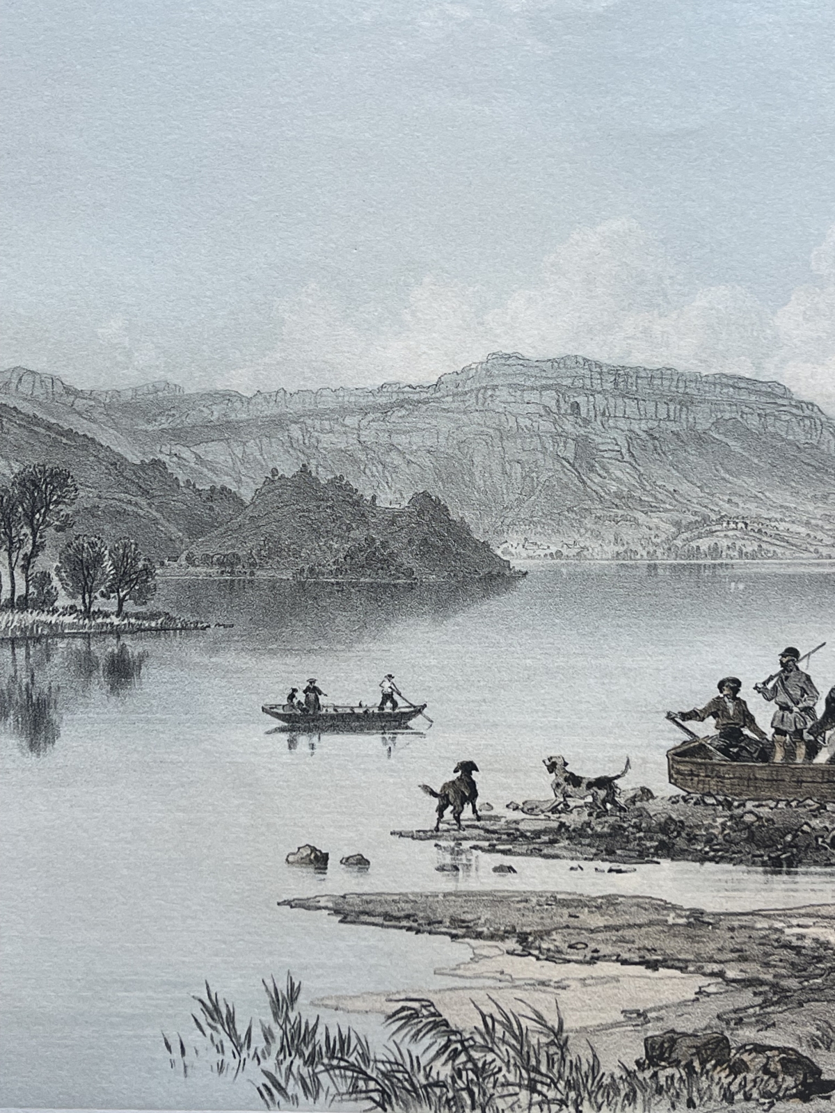 antique_engraving_lake_aiguebelette_france_alps_1864_benoist_scene_savoie