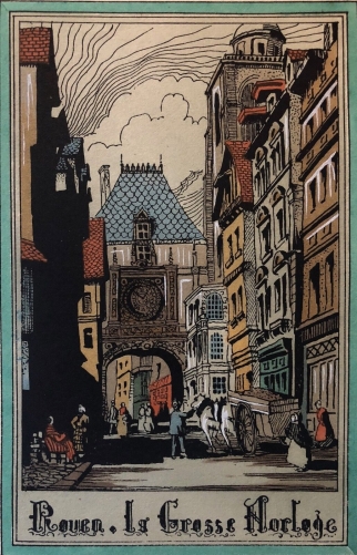 rouen_la_grosse_horloge_estampe_technique_bois_grave_rehausse_vers_1930_anonyme