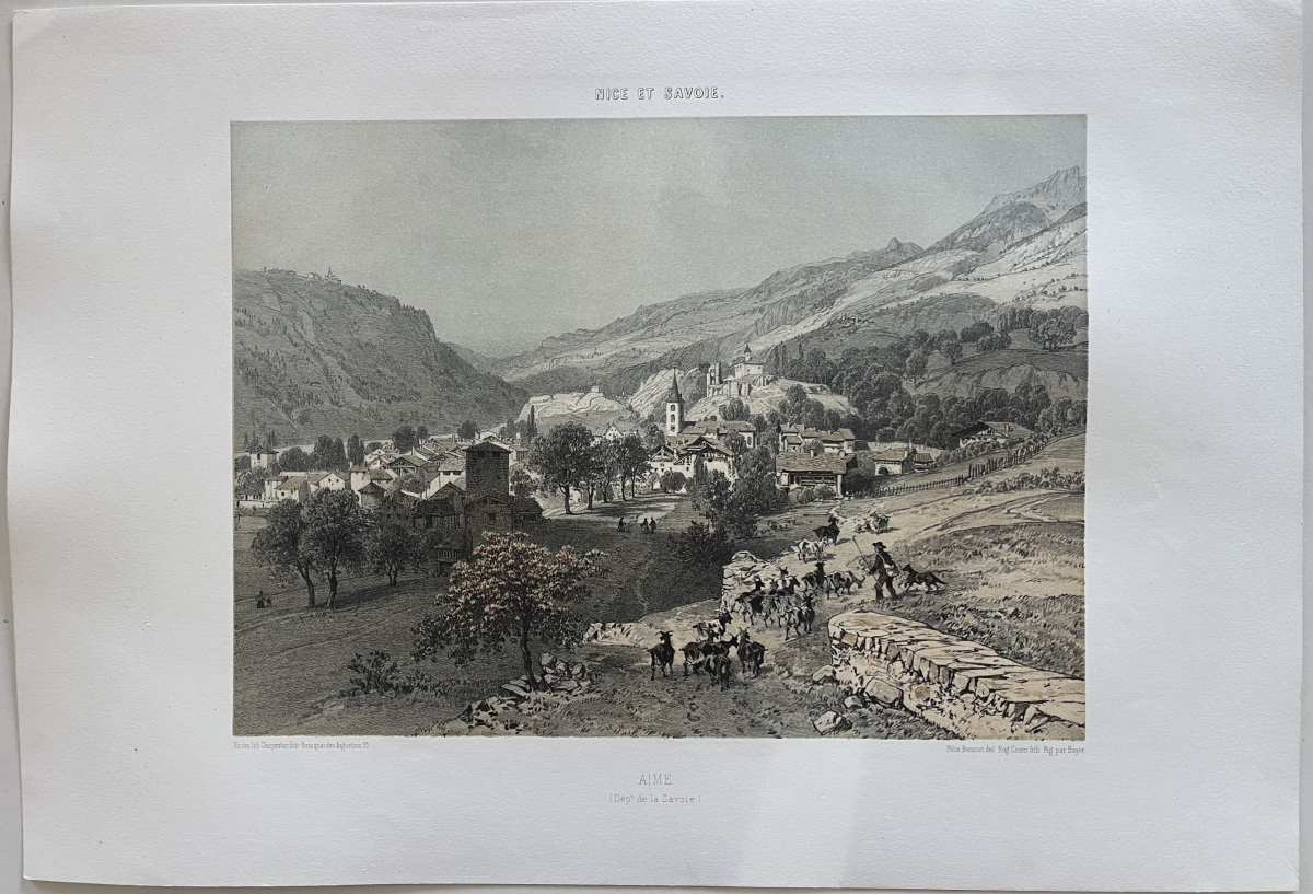 aime_savoie_antique_lithograph_1864_felix_benoist_french_alps_village_landscape