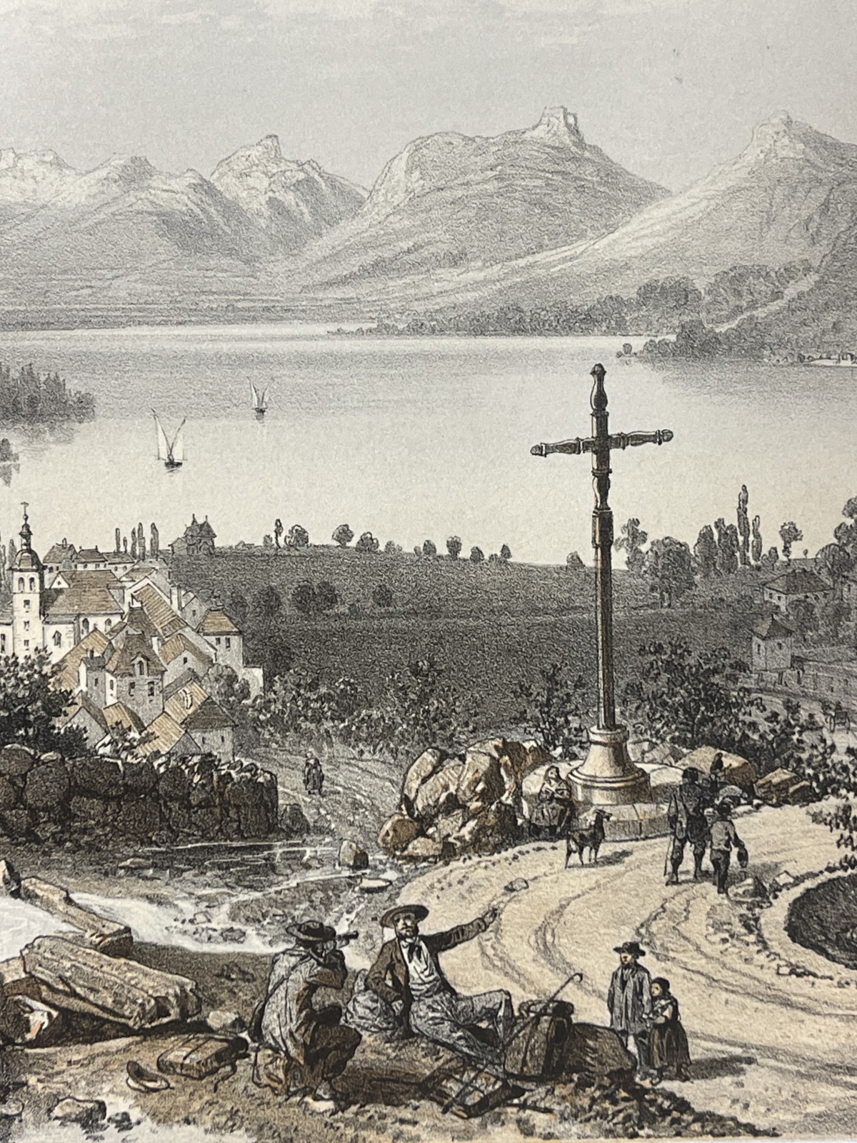 lake_annecy_talloires_duingt_france_1864_antique_lithograph_felix_benoist_alps