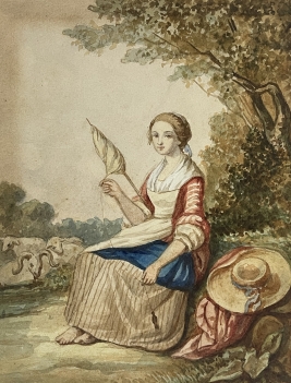 bergere_fileuse_aquarelle_debut_xixe_anonyme_france_mouton