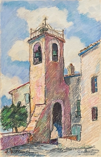 cabries_eglise_village_provence_gouache_et_pastel_xxe_signee_j_roland_france