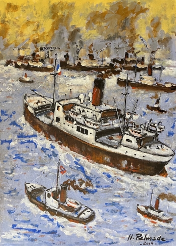 remorqueur_et_petit_cargo_gouache_de_2004_marine_norbert_palmade_1928-2019