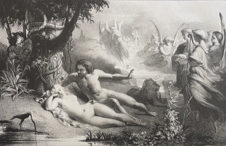 le_reveil_dadam_dapres_laemlein_lithographie_salon_de_1841_eve_jardin_eden