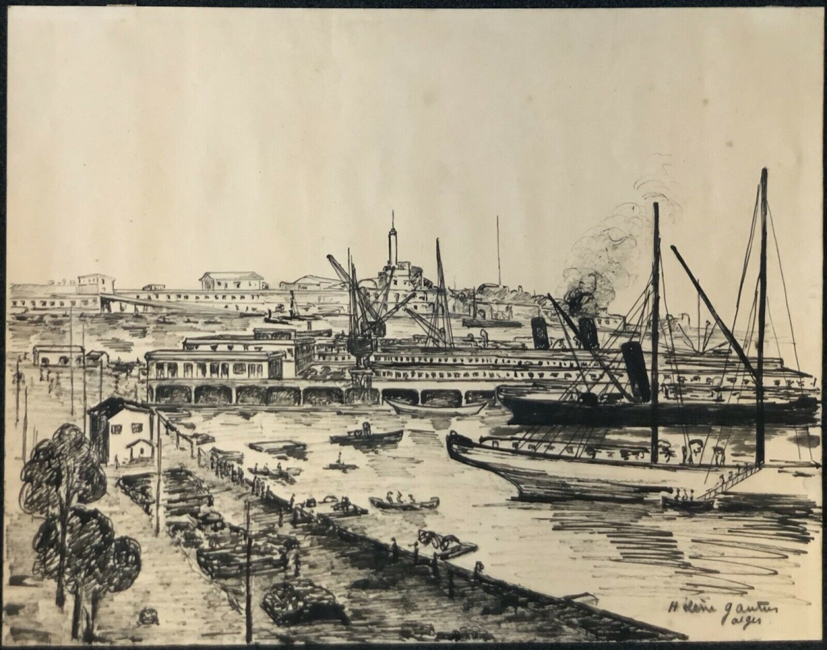 alger_le_port_encre_vers_1910_signee_helene_gauthier_algerie_40_cm_par_31,5_cm
