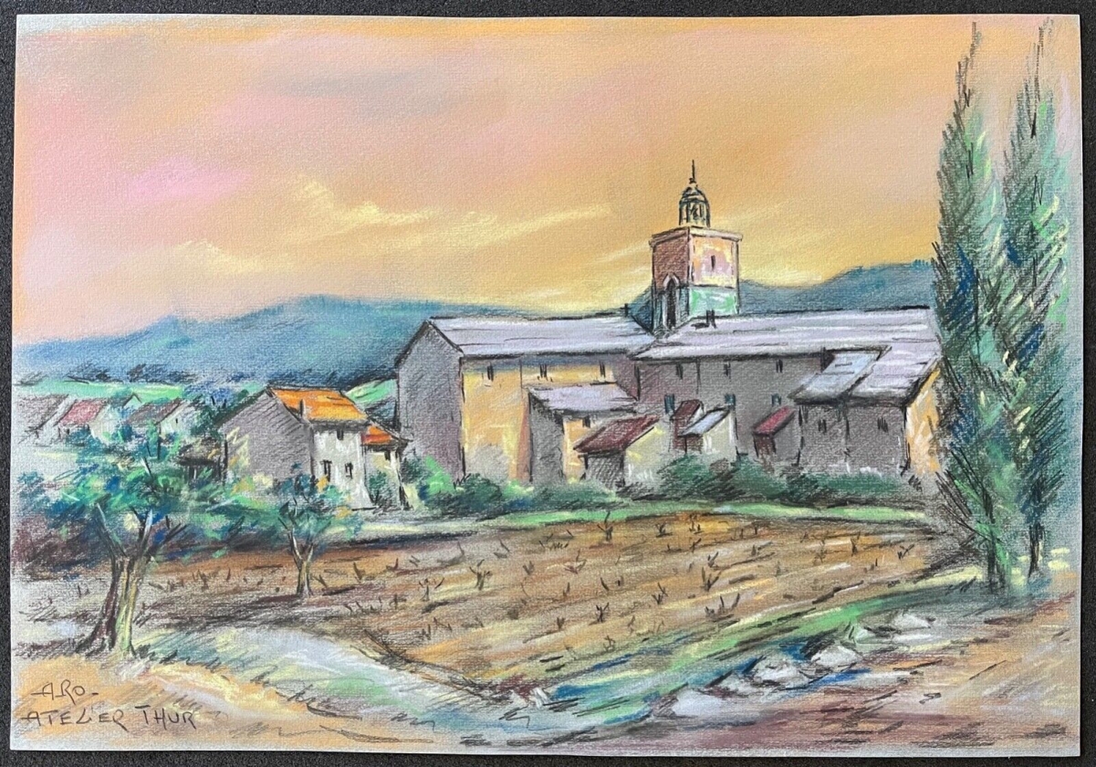provence_eglise_de_village_pastel_signe_atelier_thur_vers_1980_france