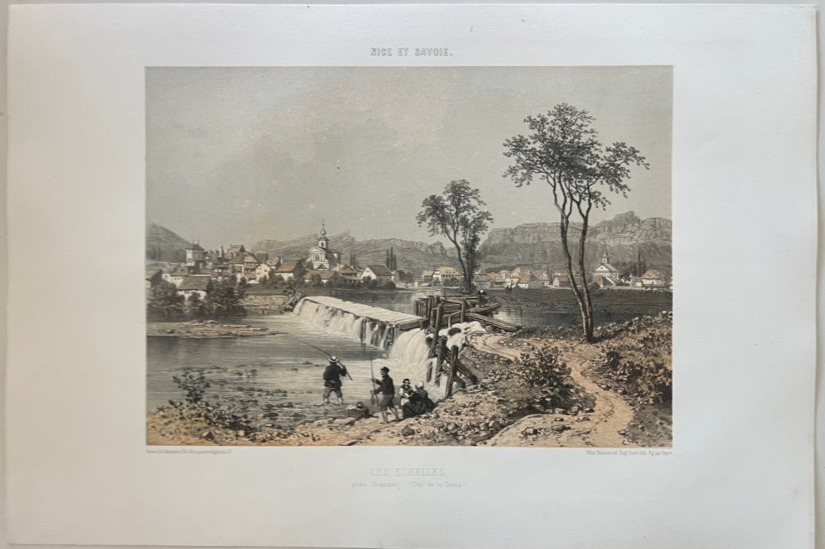 antique_engraving_les_echelles_france_alps_1864_benoist_village_scene_savoie