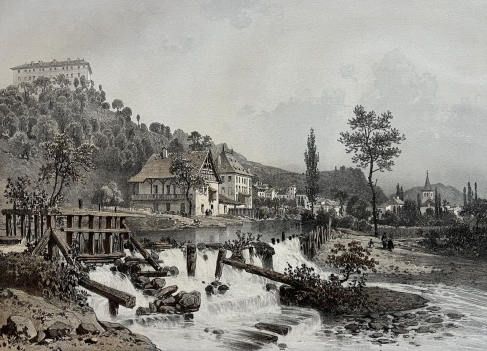 la_rochette_france_antique_lithograph_1864_benoist_savoy_river_view_savoie